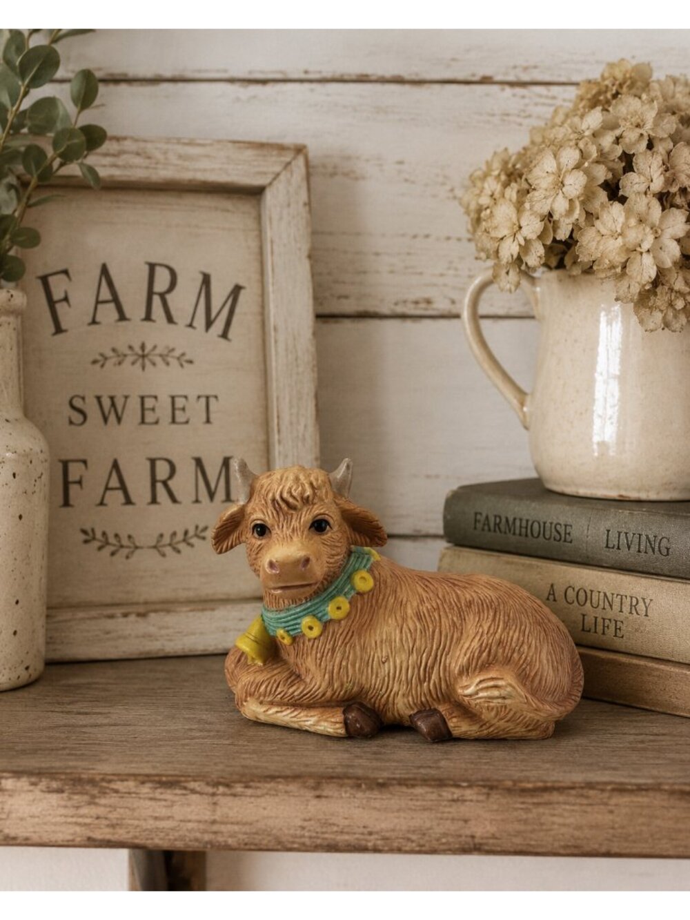 Vintage 1992 House of Lloyd Ceramic Cow Figurine Green Collar & Bells Farmhouse